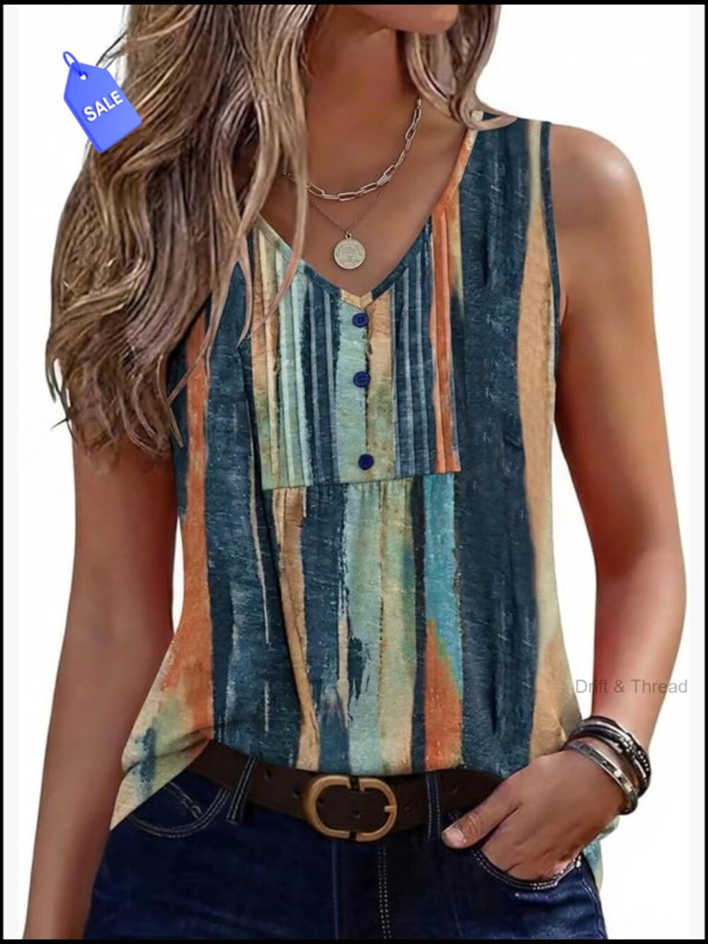Pleated V-Neck Tunic Tank Top, Sleeveless Loose Fit, Summer Casual Boho